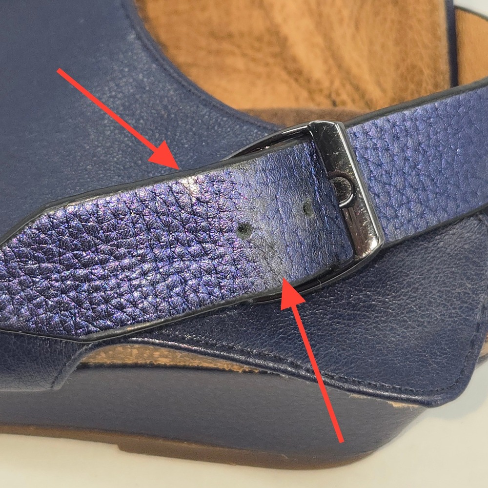 Sofft Wedge Sandals Womens 7M Blue Leather Metallic Strappy Comfort Summer - Picture 12 of 13